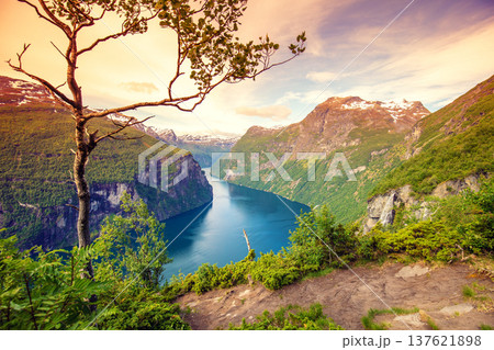 View of the Geiranger fjord from Ornesvingen Viewpoint. Beautiful nature of Norway 137621898