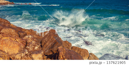 Rocky shore. Nature background. Seascape. Horizontal banner Rocky shore. Nature background. Seascape. Horizontal banner 137621905