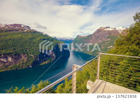 View of the Geiranger fjord from Ornesvingen Viewpoint. Beautiful nature of Norway 137621938