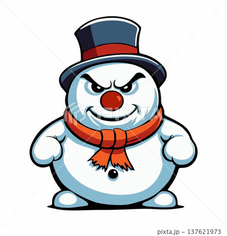 A cartoon snowman with a blue top hat, a red scarf, and an angry expression. A cartoon snowman with a blue top hat, a red scarf, and an angry expression. 137621973