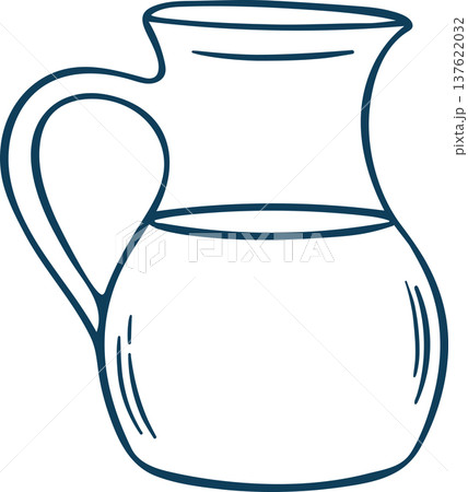 Jug of milk, simple vector icon in doodle sketch style with Mediterranean blue line. Hand-drawn ceramic or glass pitcher for farmhouse branding or cafe menus Jug of milk, simple vector icon in doodle sketch style with Mediterranean blue line. Hand-drawn ceramic or glass pitcher for farmhouse branding or cafe menus 137622032