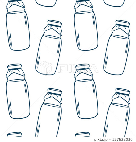 Hand-drawn milk bottle repeat pattern in simple blue line technique. Mediterranean-inspired vector print for culinary projects, packaging design or kitchen decor 137622036