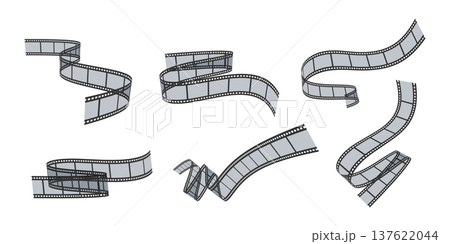 Set of transparent curved filmstrips. Blank curvy movie ribbons isolated on white background. Vector illustration 137622044
