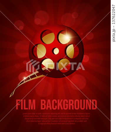 Vector film background with film reel and golden filmstrip on red background. Shiny cinema poster with flashlights Vector film background with film reel and golden filmstrip on red background. Shiny cinema poster with flashlights 137622047