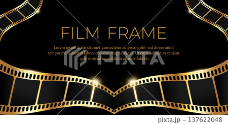 Shiny film frame banner with curved golden filmstrip on black background. Vector illustration Shiny film frame banner with curved golden filmstrip on black background. Vector illustration 137622048
