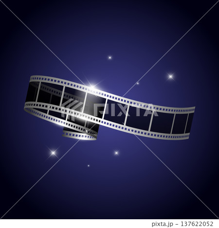 Shiny folded silver filmstrip tape on dark transparent background with sparkling stars. Movie film ribbon. Vector illustration Shiny folded silver filmstrip tape on dark transparent background with sparkling stars. Movie film ribbon. Vector illustration 137622052