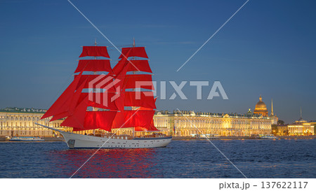 Saint Petersburg, Russia - June 01 2021, Panoramic view of the sailing ship Russia in the waters of the Neva River, white nights, in the background the landmark of St. Petersburg, Russia Saint Petersburg, Russia - June 01 2021, Panoramic view of the sailing ship Russia in the waters of the Neva River, white nights, in the background the landmark of St. Petersburg, Russia 137622117