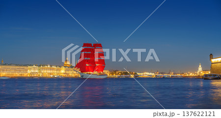 Saint Petersburg, Russia - June 01 2021, Panoramic view of the sailing ship Russia in the waters of the Neva River, white nights, in the background the landmark of St. Petersburg, Russia Saint Petersburg, Russia - June 01 2021, Panoramic view of the sailing ship Russia in the waters of the Neva River, white nights, in the background the landmark of St. Petersburg, Russia 137622121