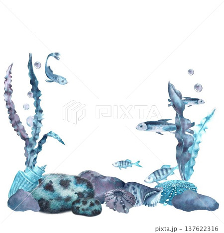 A square composition of blue, gray, and silver seaweed with leaves, shells, sea urchins, fish, and bubbles, hand-drawn in watercolor on an isolated background. Simple clip art of underwater objects. 137622316