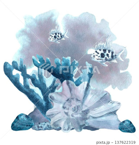 A square marine composition of blue corals with a silver shell and fish against a background of spots, hand-drawn in watercolor on an isolated background. Simple clip art of underwater objects . 137622319