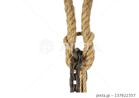 Strong Natural Fiber Rope Knot with Metal Chain Isolated on White Strong Natural Fiber Rope Knot with Metal Chain Isolated on White 137622357