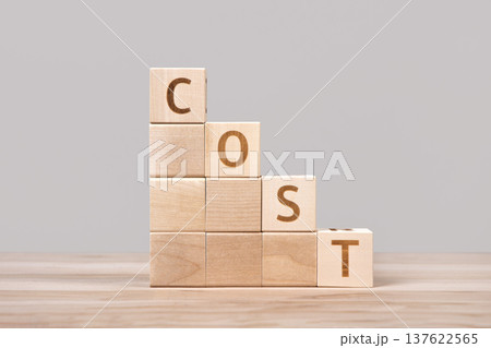 Wooden cubes with word cost arranged in a descending order, symbolizing cost reduction, concept of hidden costs, business expenses and economic strategy. Concept of cost reduction in business finance 137622565