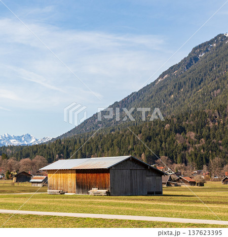 Rustic wooden barn in alpine meadow, Garmisch-Partenkirchen, Bavaria, Germany 137623395