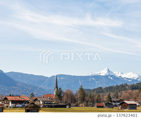 Village church with alpine mountain scenery in Garmisch-Partenkirchen, Bavaria, Germany 137623401