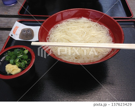 赤い鉢に盛られた素麺と薬味のセット 赤い鉢に盛られた素麺と薬味のセット 137623429
