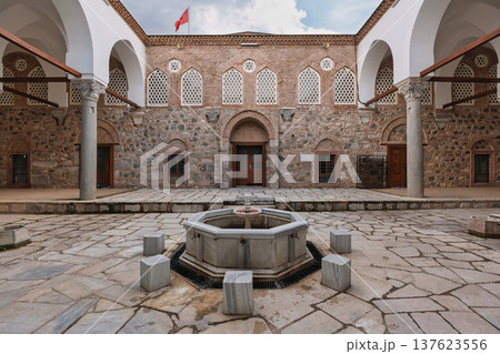 Ulu Camii Mosque courtyard with historic architecture and ablution fountain Manisa Turkey Ulu Camii Mosque courtyard with historic architecture and ablution fountain Manisa Turkey 137623556