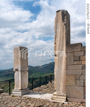 Ancient Trajaneum columns overlooking the landscape, site of previous Propylaeum, Pergamon, Bergama, Turkey 137623559