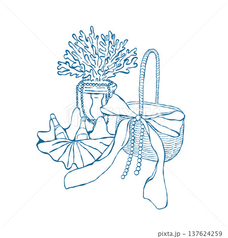Illustration of a coastal holiday picnic. Beach party. Basket, shell with a bottle of wine, vase with coral and pearls. Vector outline clip art for moss-themed weddings and parties Illustration of a coastal holiday picnic. Beach party. Basket, shell with a bottle of wine, vase with coral and pearls. Vector outline clip art for moss-themed weddings and parties 137624259