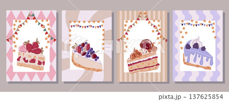 Cake Slice Greeting Cards Set. Four Desserts Cake Slice Greeting Cards Set. Four Desserts 137625854