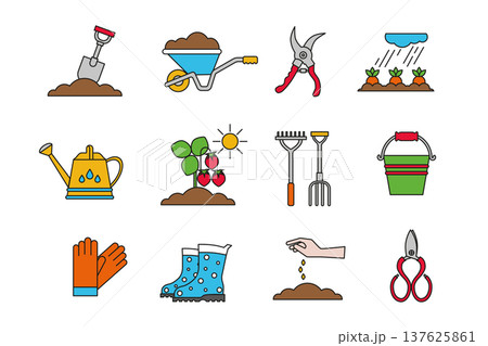 Gardening Icon Set. Tools Plants Bright Colors Gardening Icon Set. Tools Plants Bright Colors 137625861