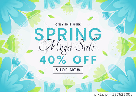 Spring mega sale banner with turquoise floral frame vector illustration. 137626006