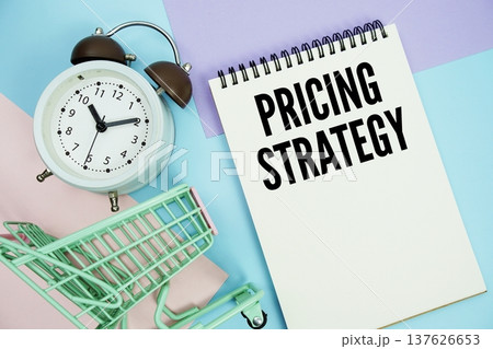 Pricing Strategy text written on notepad with alarm clock and trolley shopping cart 137626653