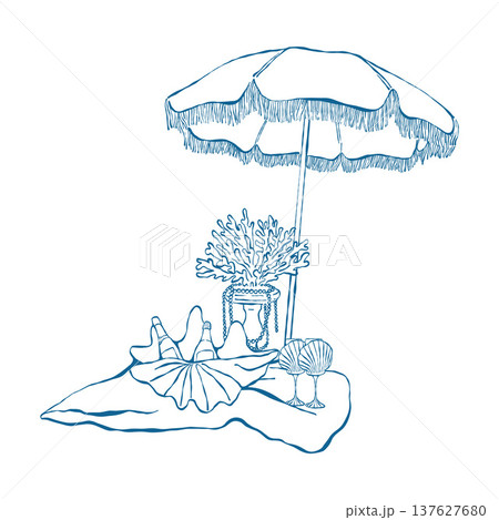 A beach umbrella, glasses, a shell with a bottle of wine, and coral and pearl decor. Vintage illustration for a beach party or coastal wedding. Blue vector outline clip art. A beach umbrella, glasses, a shell with a bottle of wine, and coral and pearl decor. Vintage illustration for a beach party or coastal wedding. Blue vector outline clip art. 137627680