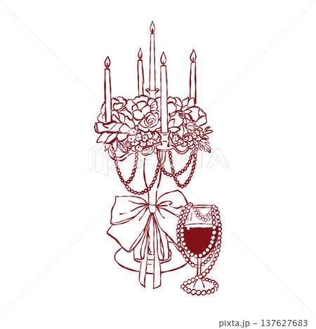 A hand-drawn vintage wedding candelabra with candles, bow, flowers, pearl beads, and a glass of wine. Vector festive outline illustration in red. A hand-drawn vintage wedding candelabra with candles, bow, flowers, pearl beads, and a glass of wine. Vector festive outline illustration in red. 137627683