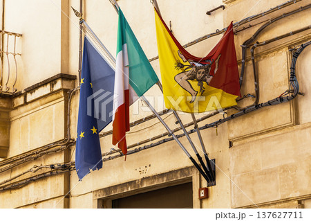European union italy sicily flags on building European union italy sicily flags on building 137627711