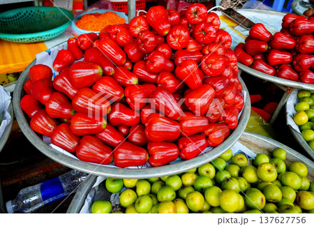 Chompoo (Pink Apple or Wax Apple) and Jujube (Chinese Date): Greenish-yellow, round fruits Chompoo (Pink Apple or Wax Apple) and Jujube (Chinese Date): Greenish-yellow, round fruits 137627756