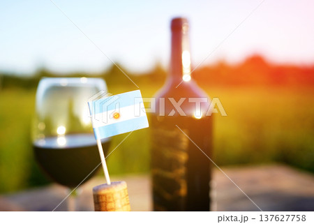Argentine wine in wine glass of red wine on table in vineyard. Argentine flag as Winemaking  137627758