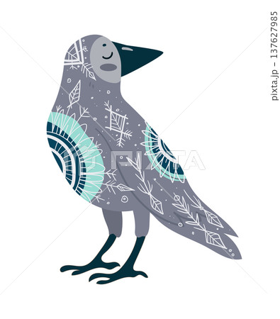 Stylized vector illustration of a crow decorated with ethnic ornamental patterns. Decorative bird isolated on white background. 137627985