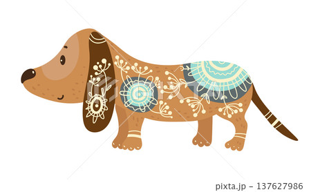 Stylized vector illustration of a dachshund decorated with ethnic ornamental patterns. Decorative domestic dog isolated on white background. Stylized vector illustration of a dachshund decorated with ethnic ornamental patterns. Decorative domestic dog isolated on white background. 137627986