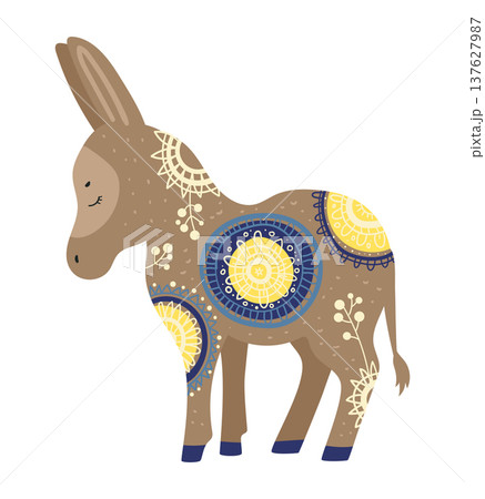 Stylized vector illustration of a donkey decorated with ethnic ornamental patterns. Decorative farm animal isolated on white background. 137627987