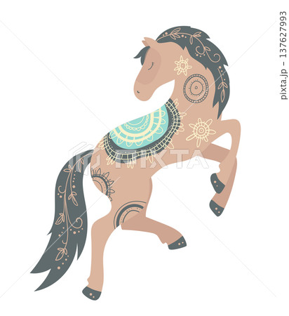 Stylized vector illustration of a horse decorated with ethnic ornamental patterns. Decorative farm animal isolated on white background. 137627993