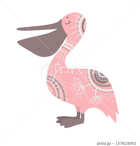 Stylized vector illustration of a pelican decorated with ethnic ornamental patterns. Decorative sea bird isolated on white background. Stylized vector illustration of a pelican decorated with ethnic ornamental patterns. Decorative sea bird isolated on white background. 137628001