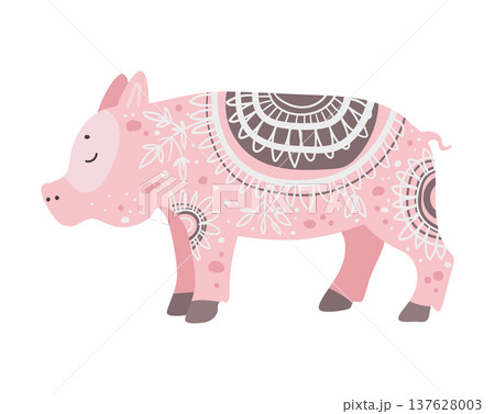 Stylized vector illustration of a pig decorated with ethnic ornamental patterns. Decorative farm animal isolated on white background. Stylized vector illustration of a pig decorated with ethnic ornamental patterns. Decorative farm animal isolated on white background. 137628003