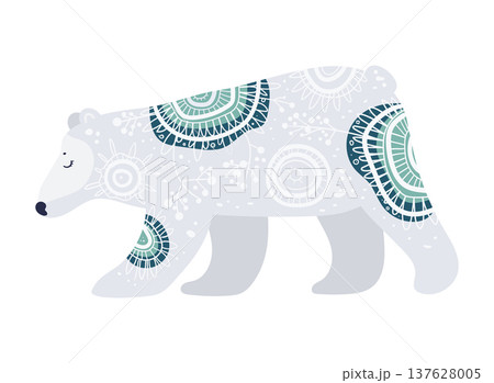 Stylized vector illustration of a polar bear decorated with ethnic ornamental patterns. Decorative arctic animal isolated on white background. Stylized vector illustration of a polar bear decorated with ethnic ornamental patterns. Decorative arctic animal isolated on white background. 137628005