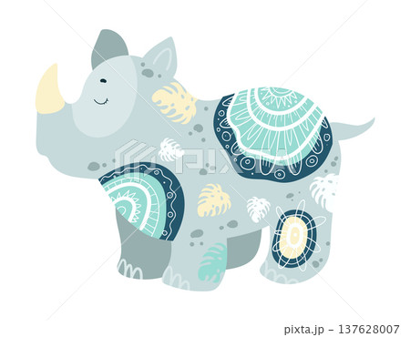 Stylized vector illustration of a rhinoceros decorated with ethnic ornamental patterns. Decorative wild animal isolated on white background. Stylized vector illustration of a rhinoceros decorated with ethnic ornamental patterns. Decorative wild animal isolated on white background. 137628007