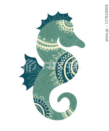 Stylized vector illustration of a seahorse decorated with ethnic ornamental patterns. Decorative marine creature isolated on white background. 137628008