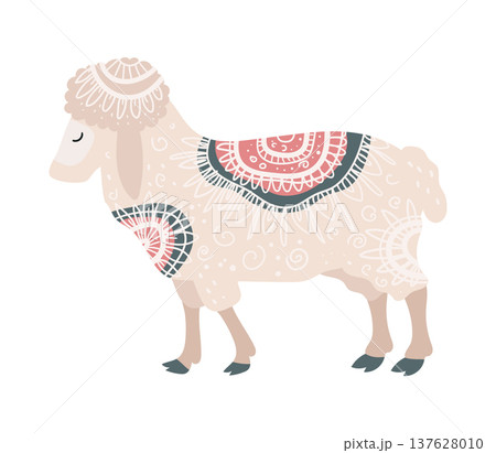Stylized vector illustration of a sheep decorated with ethnic ornamental patterns. Decorative farm animal isolated on white background. 137628010
