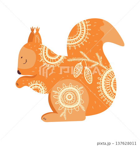 Stylized vector illustration of a squirrel decorated with ethnic ornamental patterns. Decorative forest animal isolated on white background. 137628011
