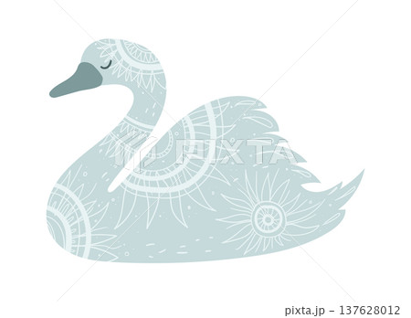 Stylized vector illustration of a swan decorated with ethnic ornamental patterns. Decorative water bird isolated on white background. 137628012