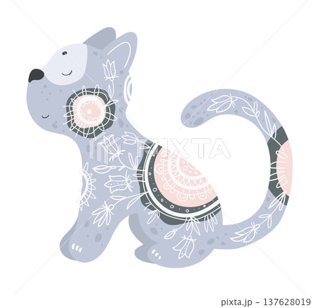 Stylized vector illustration of a wolf decorated with ethnic ornamental patterns. Decorative wild animal isolated on white background. Stylized vector illustration of a wolf decorated with ethnic ornamental patterns. Decorative wild animal isolated on white background. 137628019