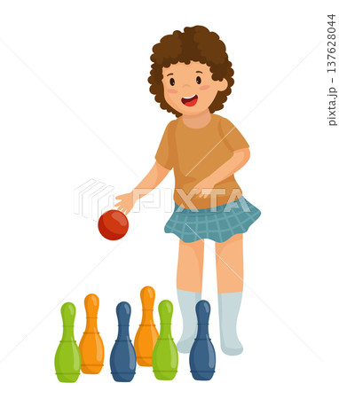 Girl Throwing Ball at Bowling Pins 137628044