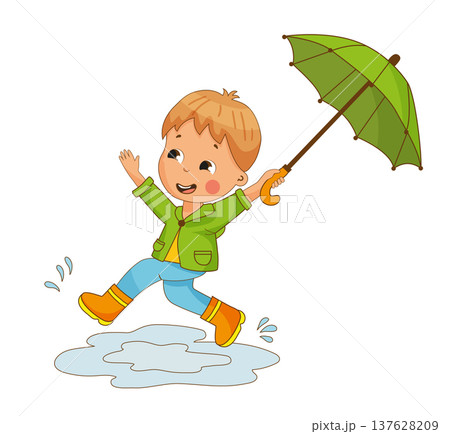 Boy Jumping in Puddles with Umbrella 137628209