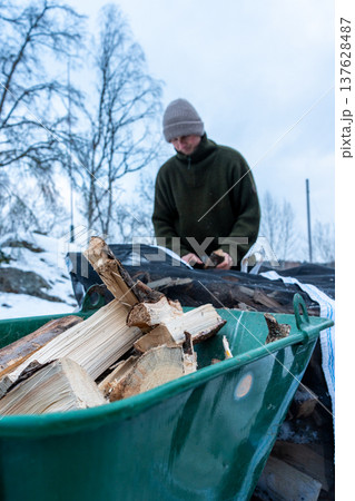 Stacking Firewood Outdoors in Snowy Countryside. 137628487