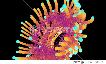Vivid stream of orange, pink, and cyan particles exploding 137628494