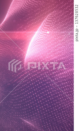 Flowing pink digital mesh of glowing particles forming abstract 3D wave and light field background Flowing pink digital mesh of glowing particles forming abstract 3D wave and light field background 137628532