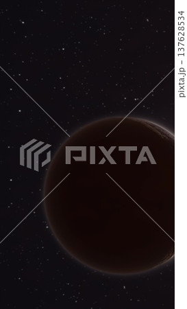A dark red planet lit by a subtle rim light, floating against a star-filled cosmic background A dark red planet lit by a subtle rim light, floating against a star-filled cosmic background 137628534